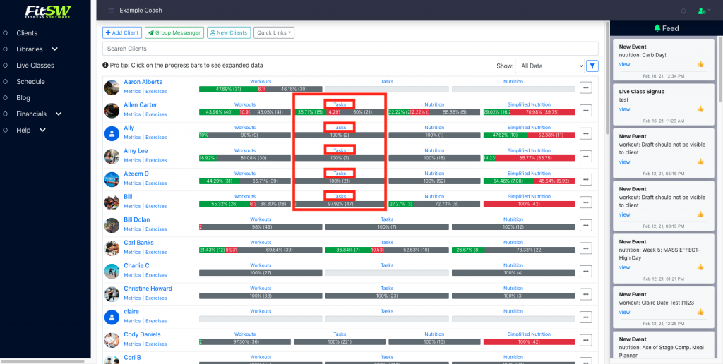 Tasks in client list from trainer dashboard