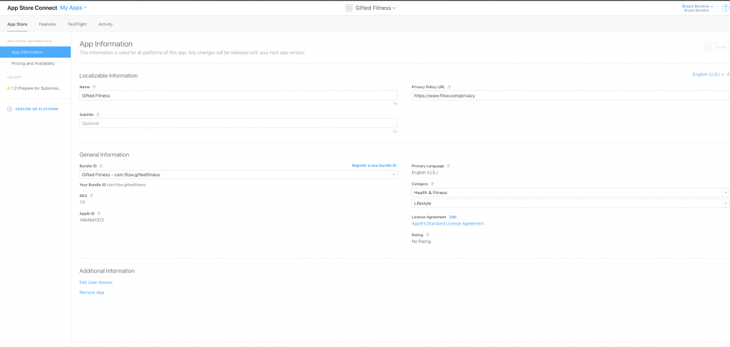 App store connect App Information Page