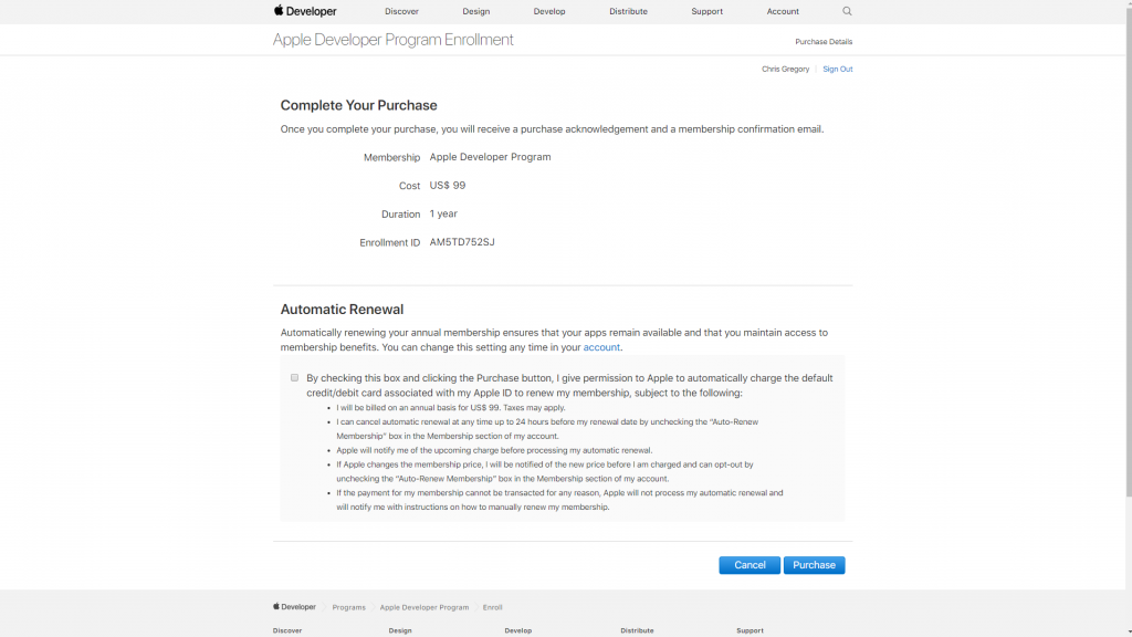 Automatic renewal section for Apple Program Enrollment