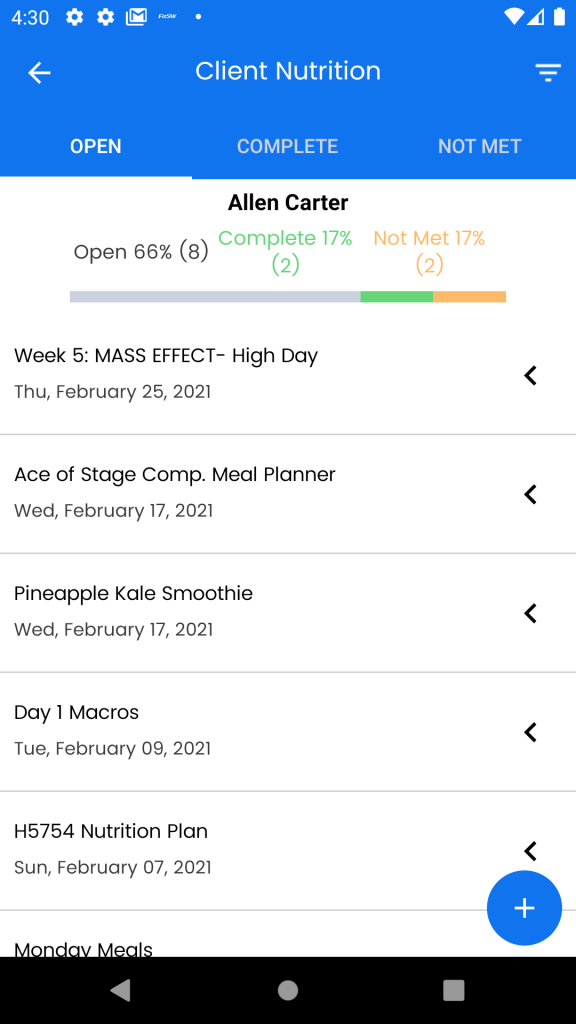 Nutrition Plan List for a Personal Training client