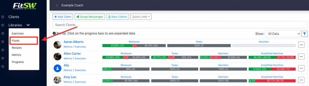 Navigate to the food list from the trainer dashboard