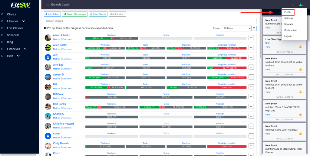 Profile Navigation for Trainers on Web