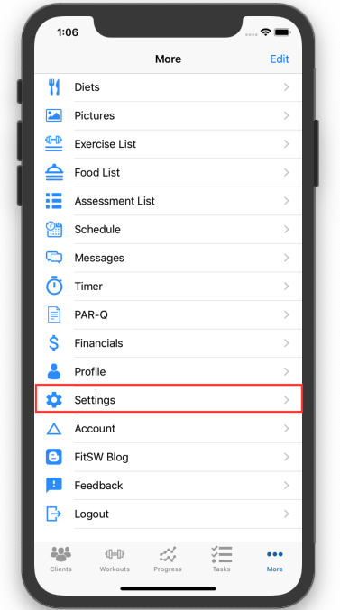 Settings option in the trainer menu iOS