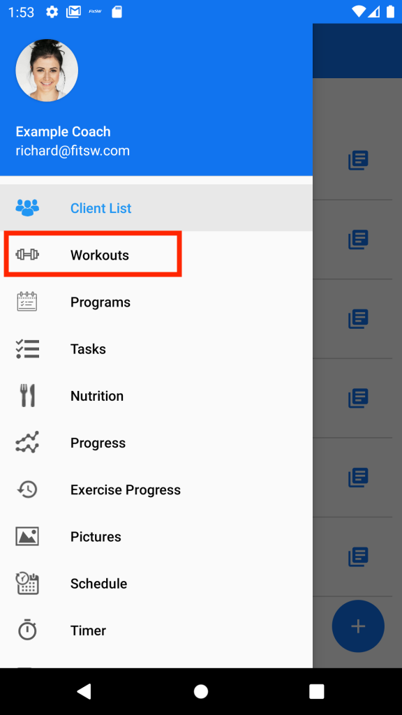 workouts from android menu