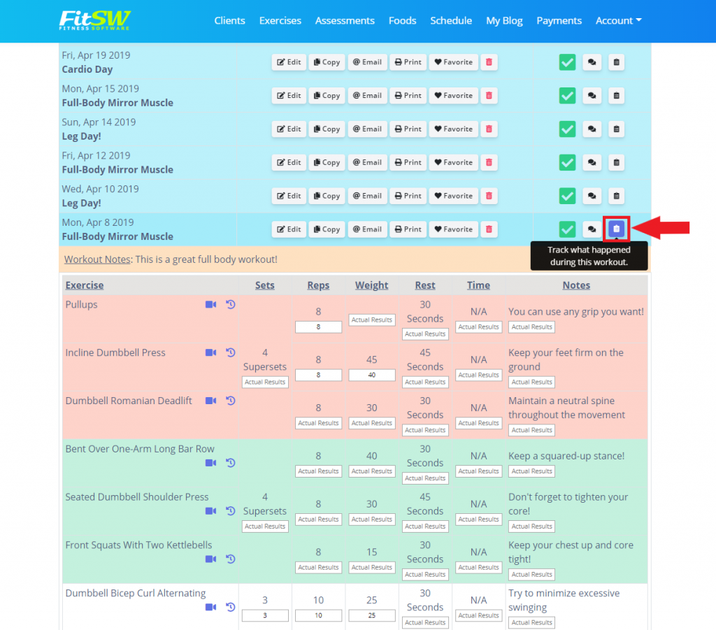 exercise progress graphs data button