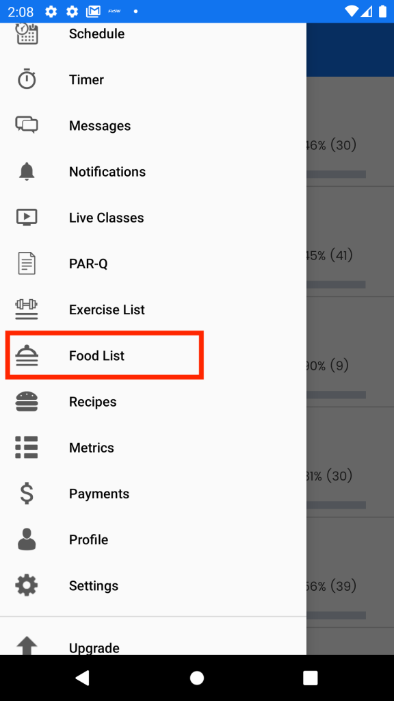 Food List Option from the Android Menu