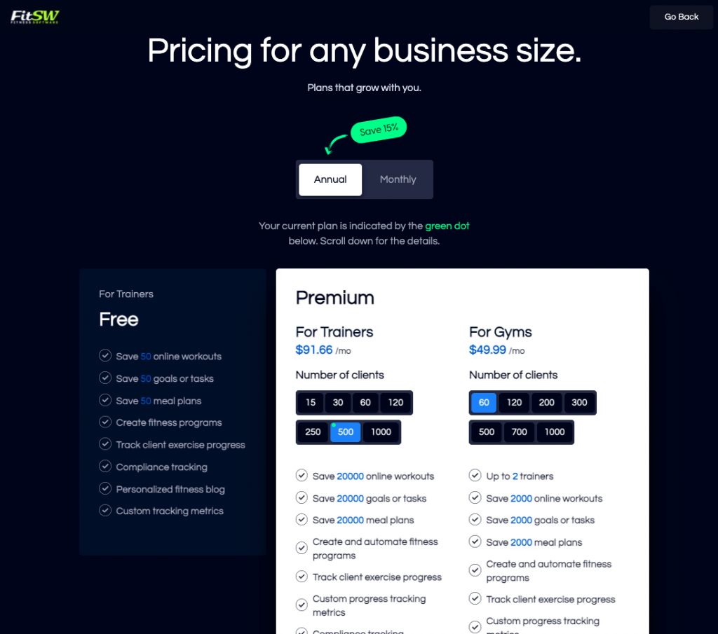 Pricing page for subscription plans