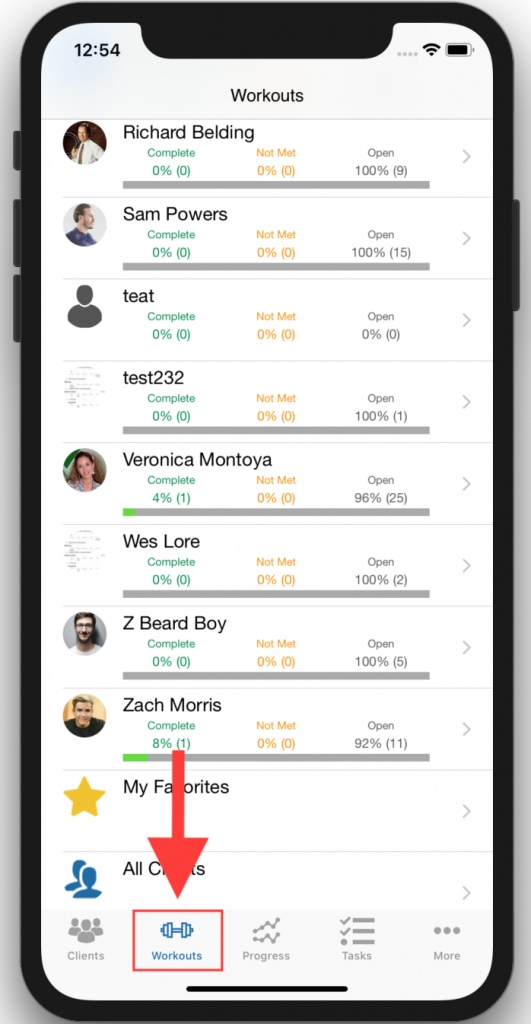 workouts button in client list
