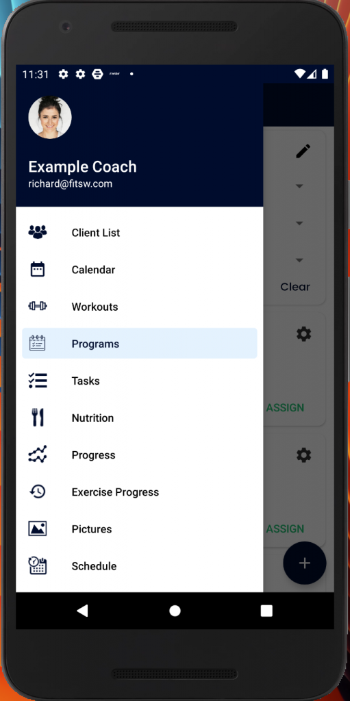 Navigate to Fitness Programs from Android Menu