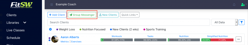 Navigate to group messages from the personal trainer dashboard