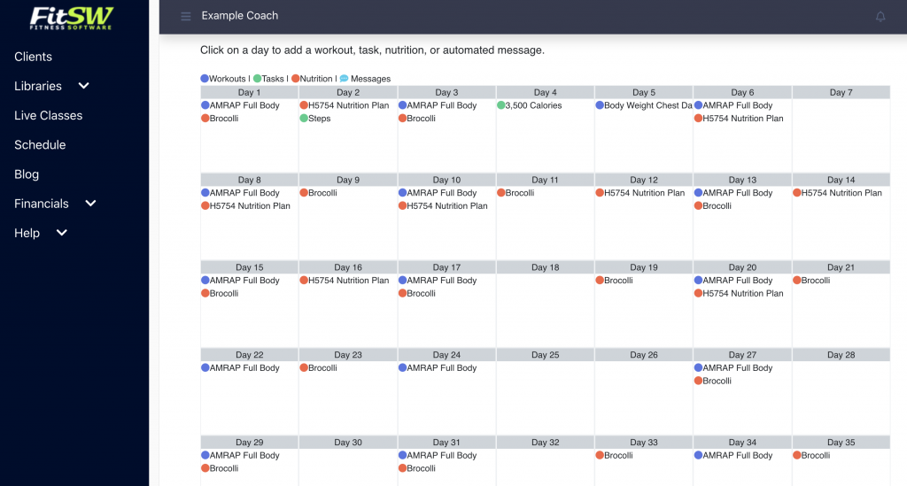 Program Builder Calendar with Workouts, Nutrition plans, and Tasks.